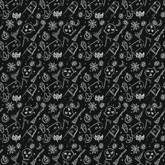 Seamless Halloween vector pattern. Doodle vector with halloween icons on black background. Vintage halloween icons,sweet elements background for your project