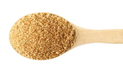 Brown crystal cane sugar pile in wooden spoon isolated on white, top view