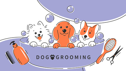 Dog grooming. Cartoon dogs taking a bath full of soapy suds. Animal hair grooming, haircuts, bathing, hygiene. Vector illustration