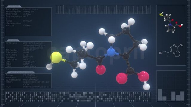 Overview of the molecule of captopril on the computer screen. Loopable 3d animation