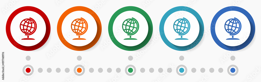 Poster globe concept vector icon set, infographic template, flat design colorful web buttons in 5 color opt