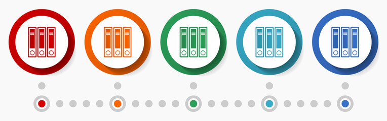 Binder, office concept vector icon set, infographic template, flat design colorful web buttons in 5 color options