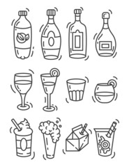 Set of doodle illustrations, icons of bottles and cups with drinks. Alcoholic and non-alcoholic cocktails. Juices. Isolated on a white background.