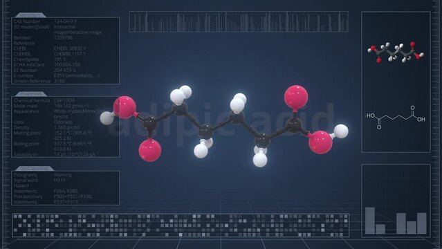 Overview of the molecule of adipic acid on the computer screen. Loopable 3d animation