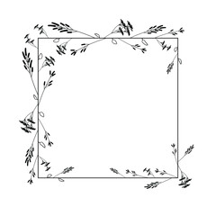 Fototapeta premium Abstract Black Simple Line Suqare With Leaf Leaves Frame Flowers Doodle Outline Element Vector Design Style Sketch Isolated Illustration For Wedding And Banner