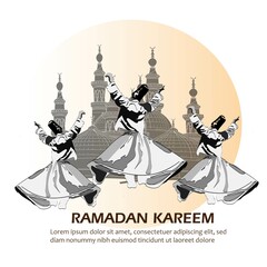 Ramadan Kareem greeting on blurred background with beautiful lamp. Vector illustration.
