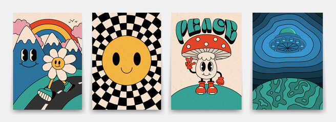 Collection of bright groovy posters 70s. Retro poster with psychedelic landscapes with flowers and mushrooms, vintage prints with grunge texture