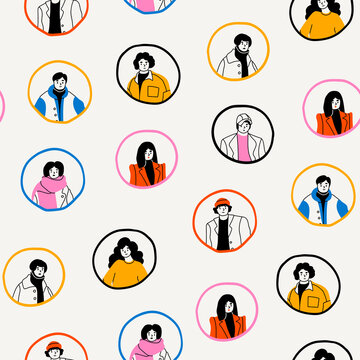 Various portraits of men and women. Diverse stylish people in trendy clothes. Korean japanese asian cartoon style. Hand drawn modern Vector illustration. Square seamless Pattern. Background, wallpaper