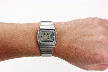 digital watch silver vintage retro wristwatch 70s 80s isolated alarm multifunctional chronograph...