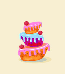
Beautiful, appetizing, festive cake with colored icing and cherries. Use for children's books, notebooks, covers, for background design. Vector illustration..eps
