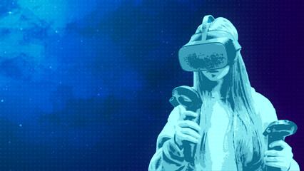 Girl using virtual reality simulator VR goggles virtual reality web 3 or metaverse metaphor. Horizontal banner with copy space, place for text or text area	
