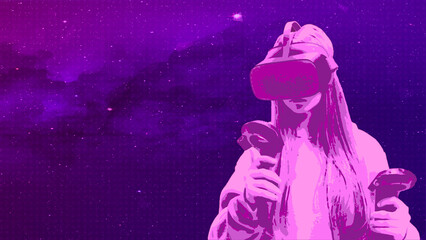 Naklejka premium Girl using virtual reality simulator VR goggles virtual reality web 3 or metaverse metaphor. Horizontal banner with copy space, place for text or text area 