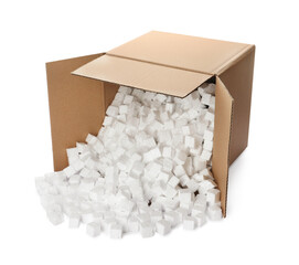 Overturned cardboard box with styrofoam cubes on white background