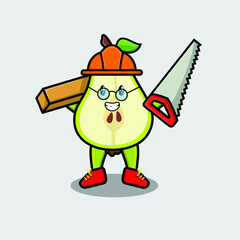 Cute cartoon pear fruit as carpenter character with saw and wood in 3d modern style design