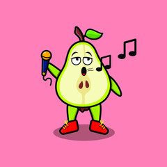 Cute cartoon pear fruit singer character holding mic in 3d modern style design