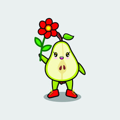Cute cartoon pear fruit character holding red flower in concept 3d cartoon style