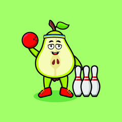 Cute cartoon pear fruit character playing bowling in 3d modern style design 
