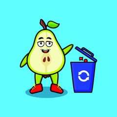 Cute cartoon pear fruit throwing trash in the trash in 3d modern style design  