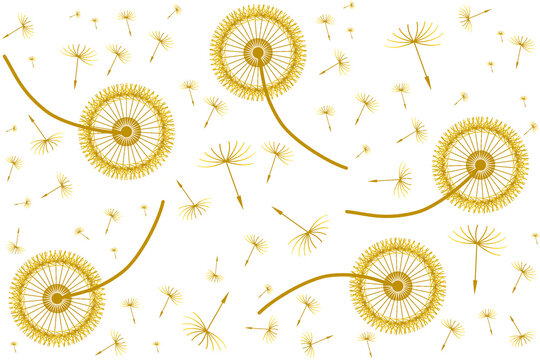 Seamless pattern with dandelions. Yellow flower heads, flying dandelion seeds. Spring. Summer.