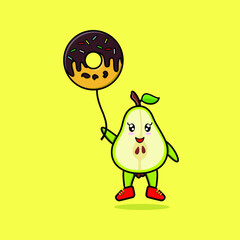 Cute cartoon pear fruit floating with donuts balloon cartoon vector illustration in concept 3d cartoon style