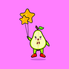 Obraz na płótnie Canvas Cute cartoon pear fruit floating with star balloon cartoon vector illustration in concept 3d cartoon style