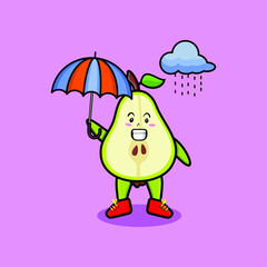 Cute cartoon pear fruit character in the rain and using an umbrella in 3d modern style design