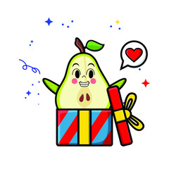 Cute cartoon pear fruit character coming out from big gift box look so happy in concept 3d cartoon style