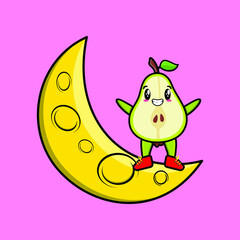Cute cartoon Pear fruit character standing on the crescent moon in 3d modern design  