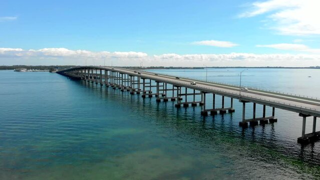 Key Biscayne bridge in Miami, Florida drone shot. 