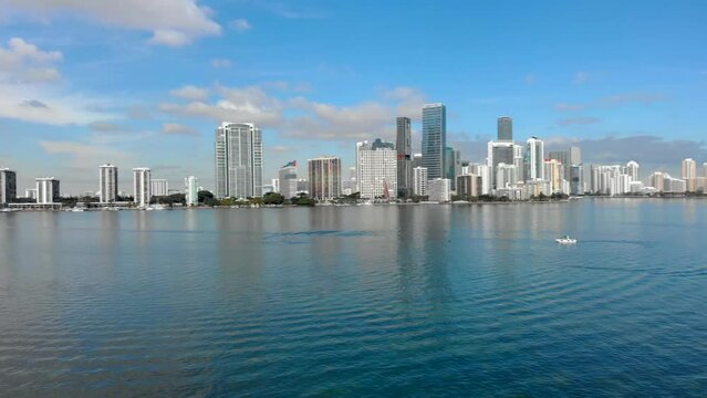 Miami, Florida drone shot from Key Biscayne bridge facing Brickell. 