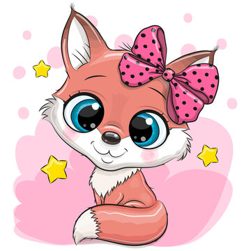Cartoon Fox with bow on a pink background