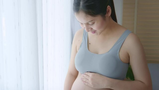 Young beautiful pregnant woman at home, maternity and pregnancy care concept