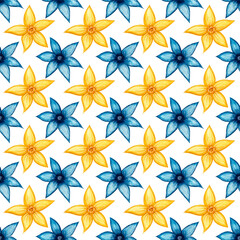 Fototapeta premium Colorful seamless pattern, blue and yellow flowers on a white background. Seamless pattern for paper, fabric, etc.