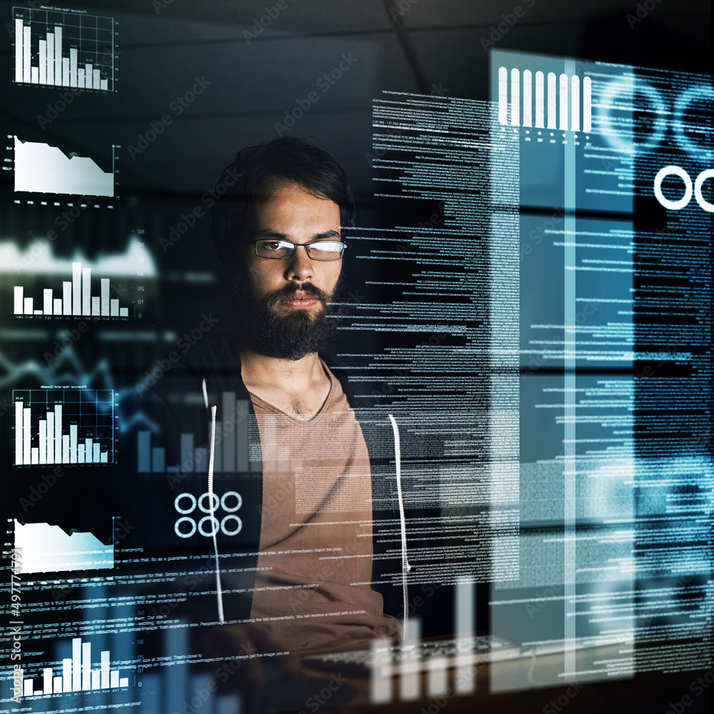 Poster Delving into the data. Cropped shot of a young computer programmer working on source code.