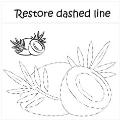 Coconut. Repair the dotted line. Handwriting practice. Educational game for toddlers and preschoolers. Cartoon style. Isolated vector illustration, eps