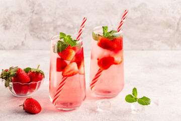 Fresh healthy iced strawberry lemonade with mint