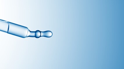 Vertical view macro shot of serum dropper with transparent liquid on pale blue background |...