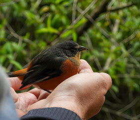 bird on white man's hands. Buff-throated Warbling-Finch (Microspingus lateralis)