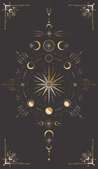 Vector celestial background with ornate outline star, moon phases, dotted radial circles, crescents, beams and frame with arrows. Mystic golden linear banner with magical symbols. Cover for tarot card - obrazy, fototapety, plakaty