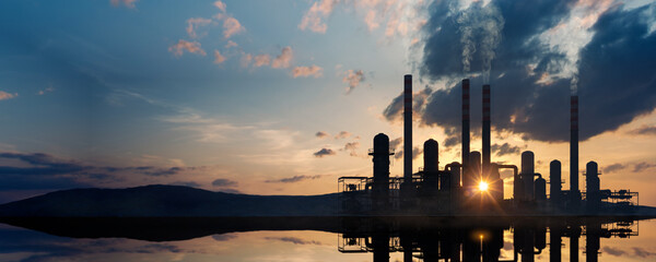 Climate change concept. Oil refinery by sunset. Industrial pollution with conventional energy. 3D rendering.