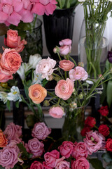 flower shop. Lots of flowers in vases. Ranunculus