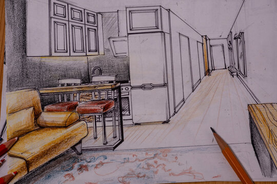The photo shows sketches, a design project drawn with pencils on a piece of paper. Drawings, sketches, pencils, stationery on the table.