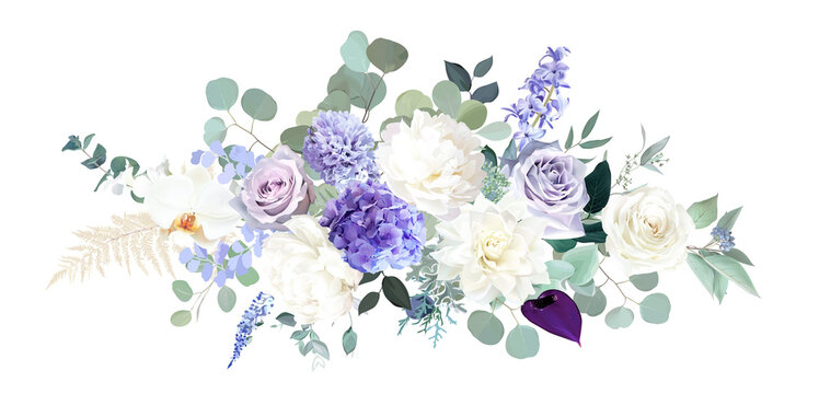 Pale purple rose, dusty mauve and lilac hyacinth, hydrangea, white dahlia, peony, orchid, dried fern