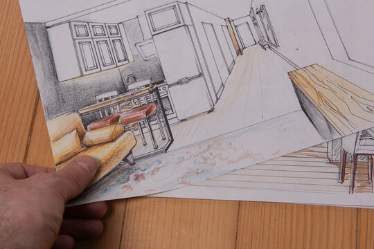 The photo shows sketches, a design project drawn with pencils on a piece of paper. Drawings, sketches, pencils, stationery on the table.