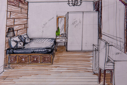 The photo shows sketches, a design project drawn with pencils on a piece of paper. Drawings, sketches, pencils, stationery on the table.