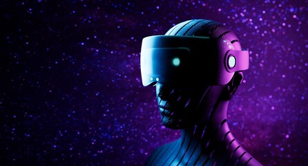 Metaverse digital cyber world technology, man with virtual reality VR goggle playing AR augmented reality game and entertainment, NFT game futuristic lifestyle  © RareStock