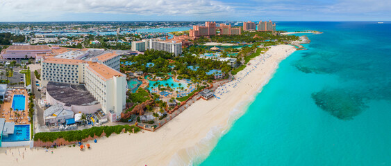 Paradise Island panoramic aerial view including Paradise Beach and The Cove Reef Hotels at Atlantis...