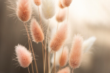 Fototapety  Dry fluffy bunny tails grass on neutral beige background. Tan pom pom plant herbs. Abstract Floral card. Poster. Selective blurred focus.