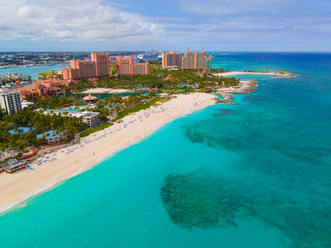 Paradise Beach aerial view and The Cove Reef Hotel at Atlantis Resort on Paradise Island, Bahamas.