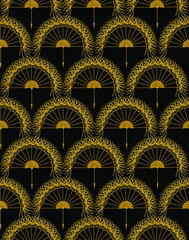 Seamless pattern with gold dandelions on black background. Dandelion flower gold hand fan with fluff. Vintage Art Deco luxury vector illustration